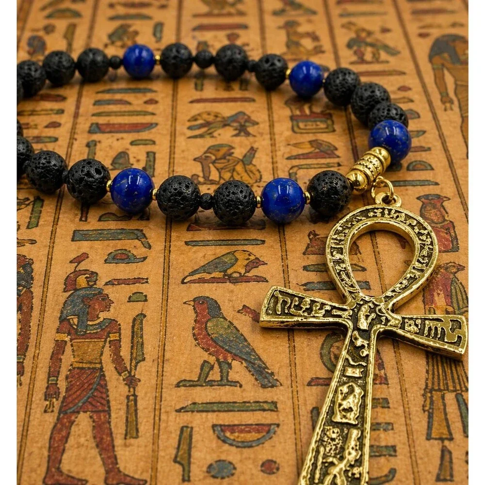 Handmade Lapis Lazuli and Lava Stone Ankh Necklace, Egyptian Jewelry